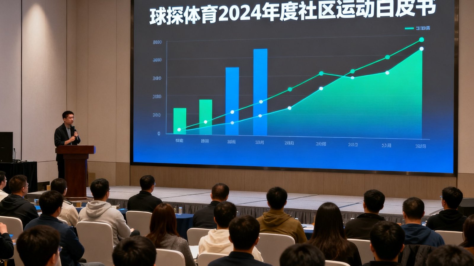 球探体育2024年度社区运动白皮书发布现场，会议室内坐满参会者，屏幕上展示着年度数据图表，主讲人正在台上分享。